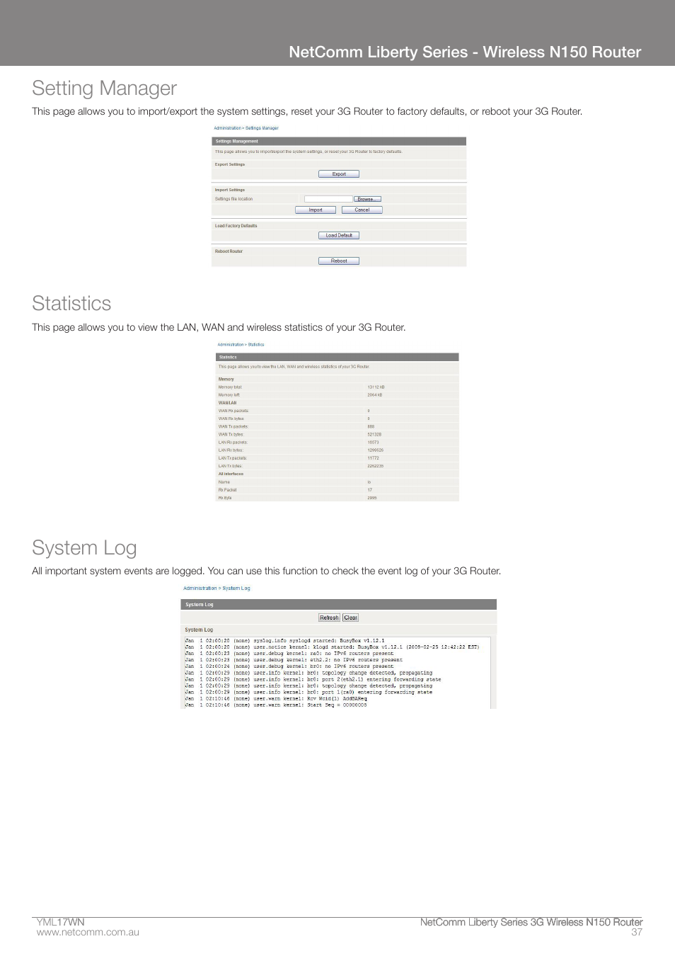 Setting manager, Statistics, System log | Netcomm liberty series - wireless n150 router | NetComm N150 User Manual | Page 37 / 53