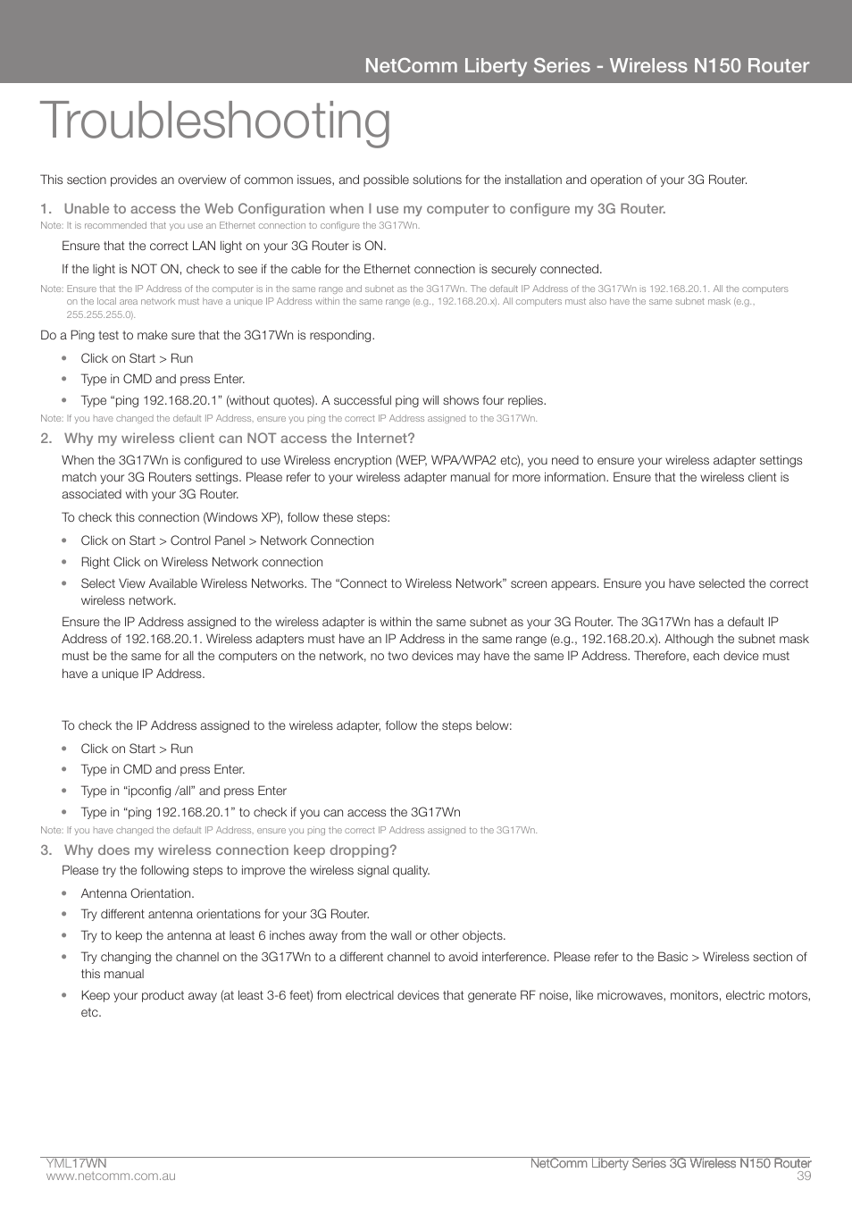 Troubleshooting, Netcomm liberty series - wireless n150 router | NetComm N150 User Manual | Page 39 / 53