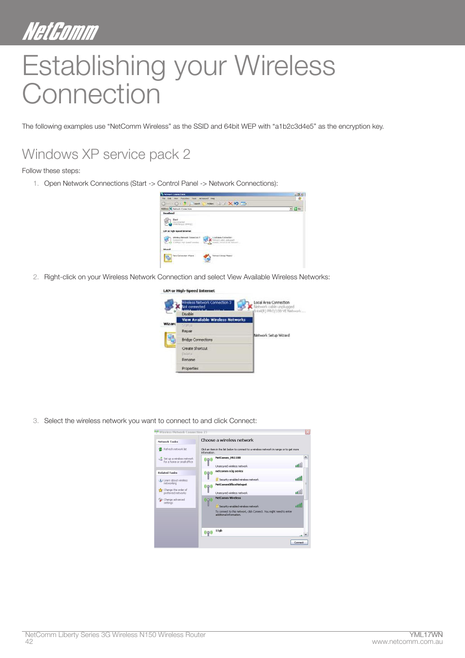 Establishing your wireless connection, Windows xp service pack 2 | NetComm N150 User Manual | Page 42 / 53