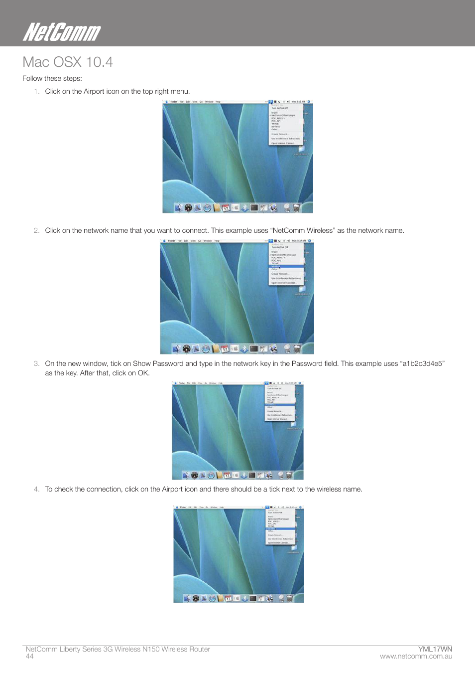 Mac osx 10.4 | NetComm N150 User Manual | Page 44 / 53