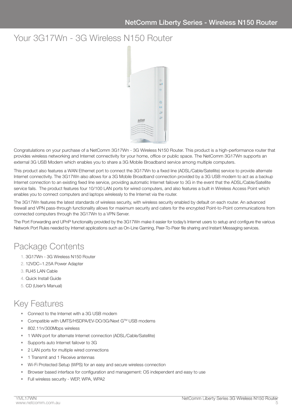 Package contents, Key features, Netcomm liberty series - wireless n150 router | NetComm N150 User Manual | Page 5 / 53