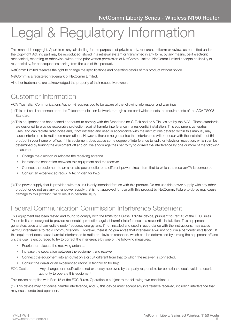 Legal & regulatory information, Customer information, Netcomm liberty series - wireless n150 router | NetComm N150 User Manual | Page 51 / 53