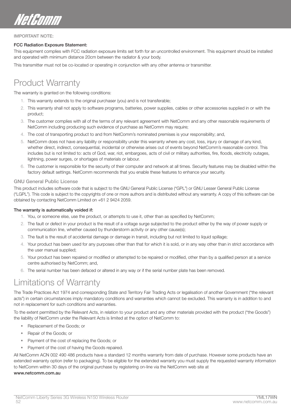 Product warranty, Limitations of warranty | NetComm N150 User Manual | Page 52 / 53