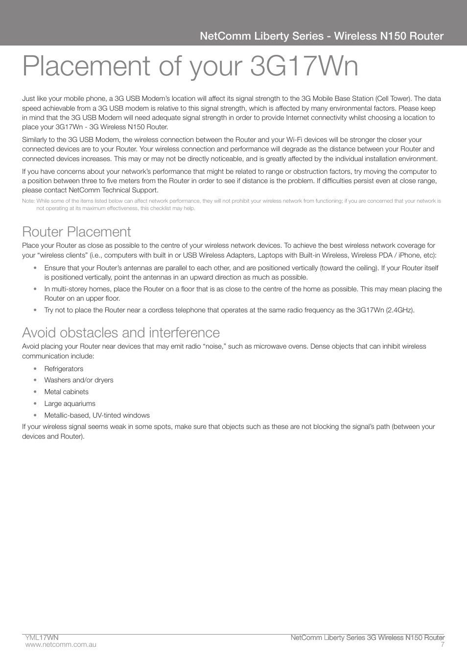 Placement of your 3g1�wn, Router placement, Avoid obstacles and interference | Netcomm liberty series - wireless n150 router | NetComm N150 User Manual | Page 7 / 53