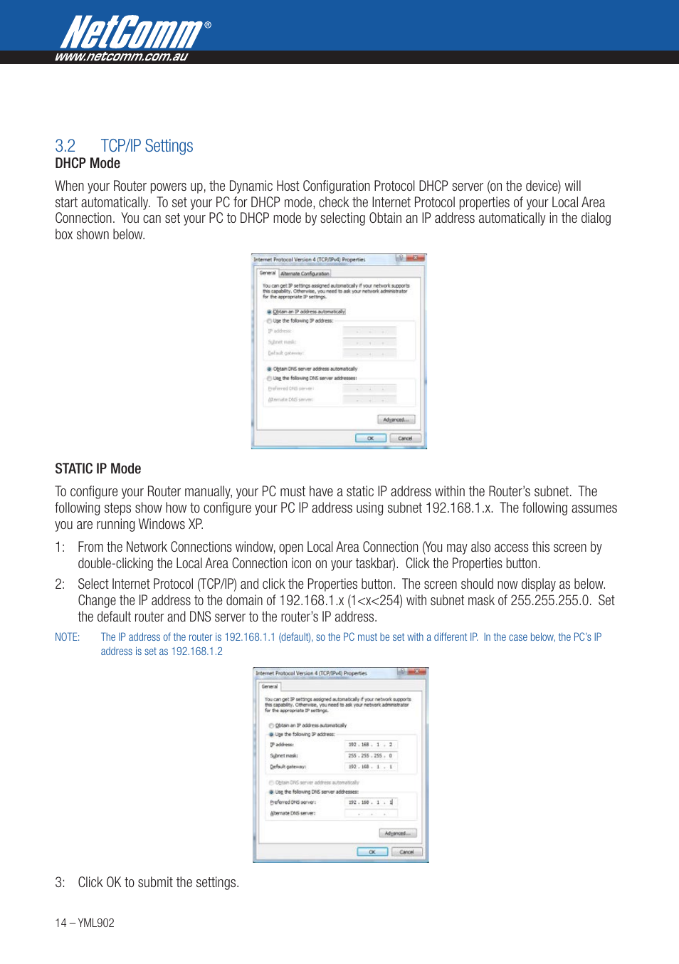 2 tcp/ip settings | NetComm HSPA 7.2 MBPS WI-FI ROUTER 3G9W User Manual | Page 14 / 86