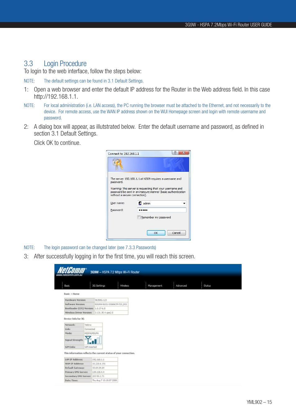 3 login procedure | NetComm HSPA 7.2 MBPS WI-FI ROUTER 3G9W User Manual | Page 15 / 86