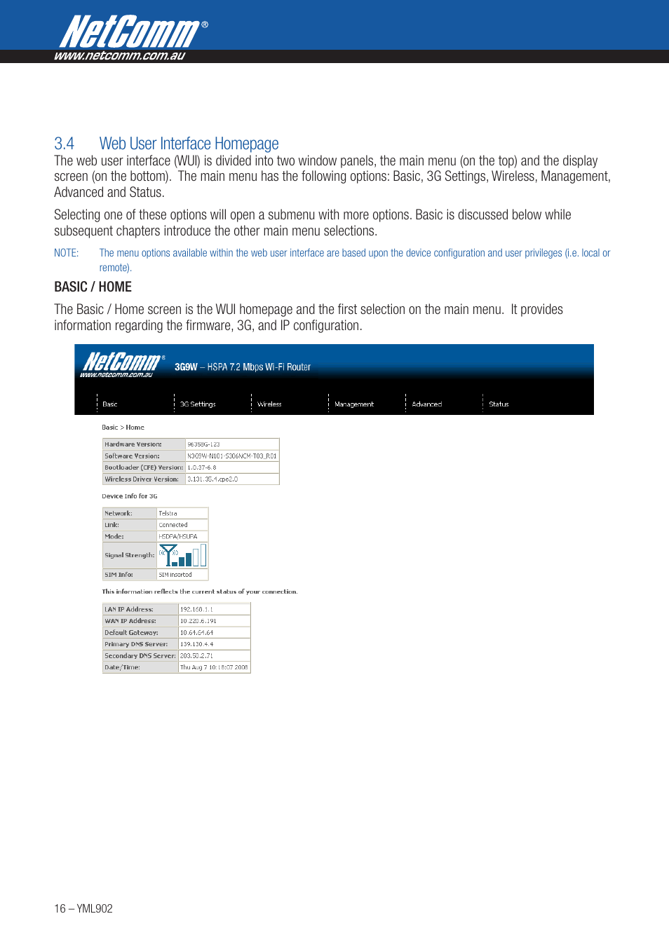 4 web user interface homepage | NetComm HSPA 7.2 MBPS WI-FI ROUTER 3G9W User Manual | Page 16 / 86