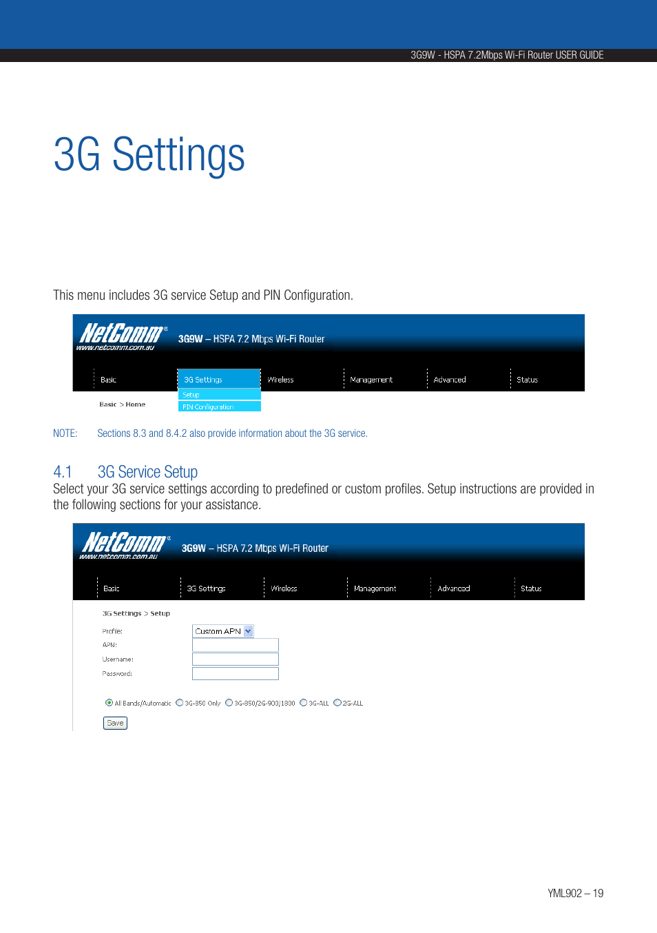 3g settings | NetComm HSPA 7.2 MBPS WI-FI ROUTER 3G9W User Manual | Page 19 / 86