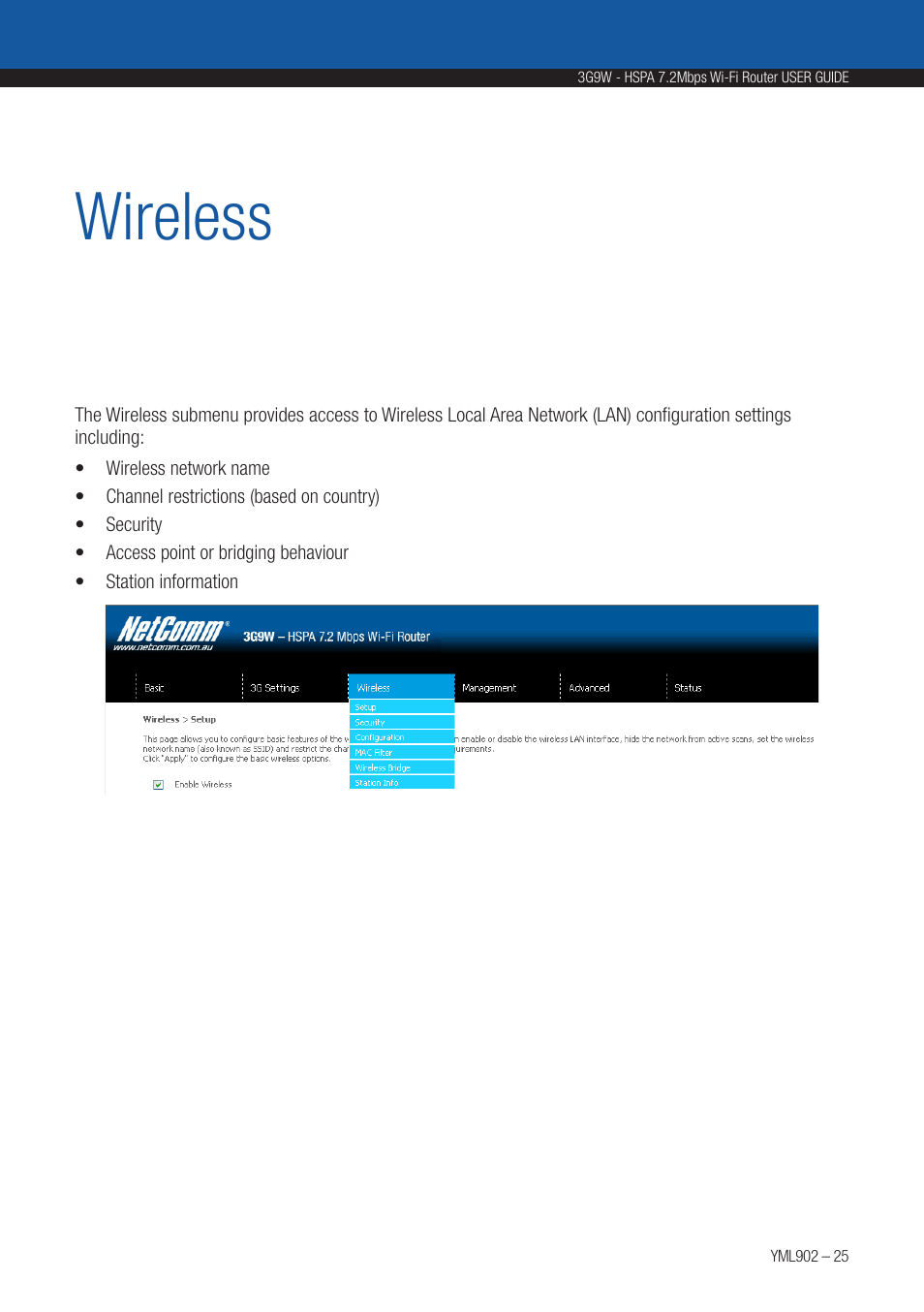 Wireless | NetComm HSPA 7.2 MBPS WI-FI ROUTER 3G9W User Manual | Page 25 / 86