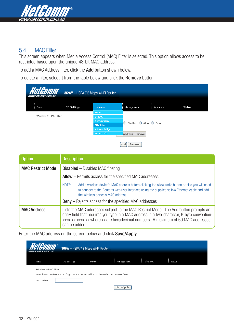 4 mac filter | NetComm HSPA 7.2 MBPS WI-FI ROUTER 3G9W User Manual | Page 32 / 86