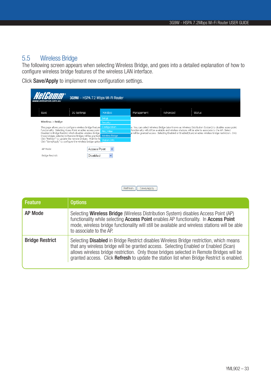 5 wireless bridge | NetComm HSPA 7.2 MBPS WI-FI ROUTER 3G9W User Manual | Page 33 / 86