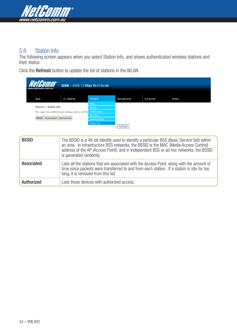 6 station info | NetComm HSPA 7.2 MBPS WI-FI ROUTER 3G9W User Manual | Page 34 / 86