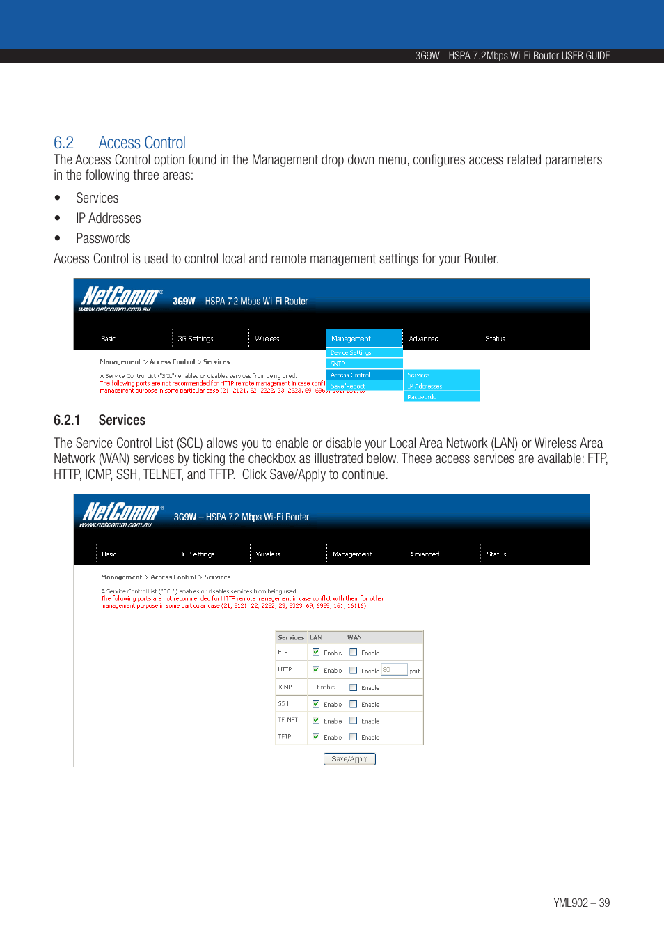 2 access control | NetComm HSPA 7.2 MBPS WI-FI ROUTER 3G9W User Manual | Page 39 / 86