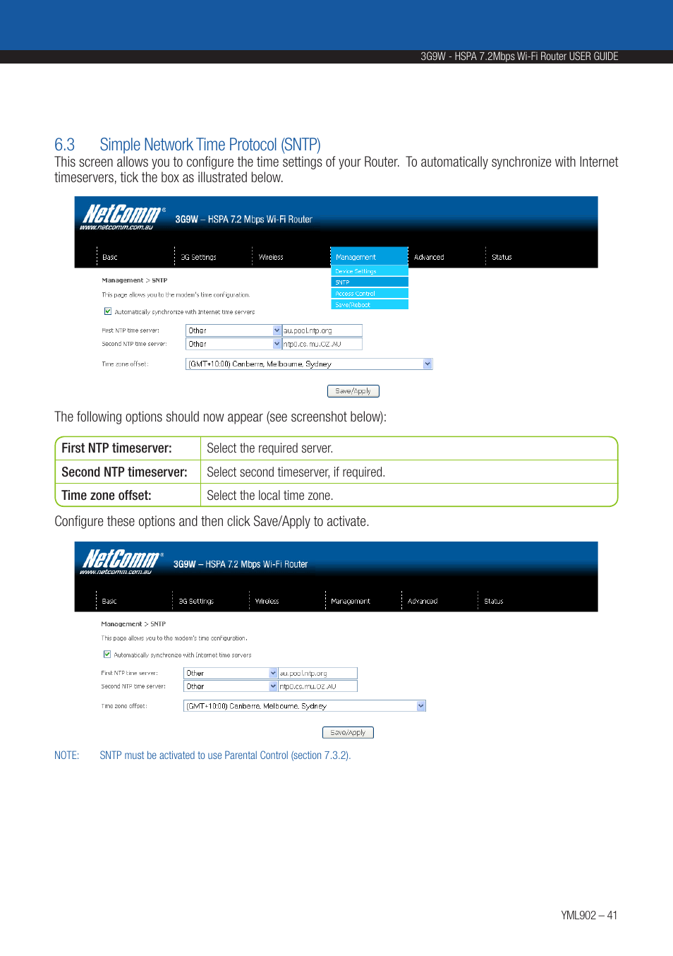 3 simple network time protocol (sntp) | NetComm HSPA 7.2 MBPS WI-FI ROUTER 3G9W User Manual | Page 41 / 86