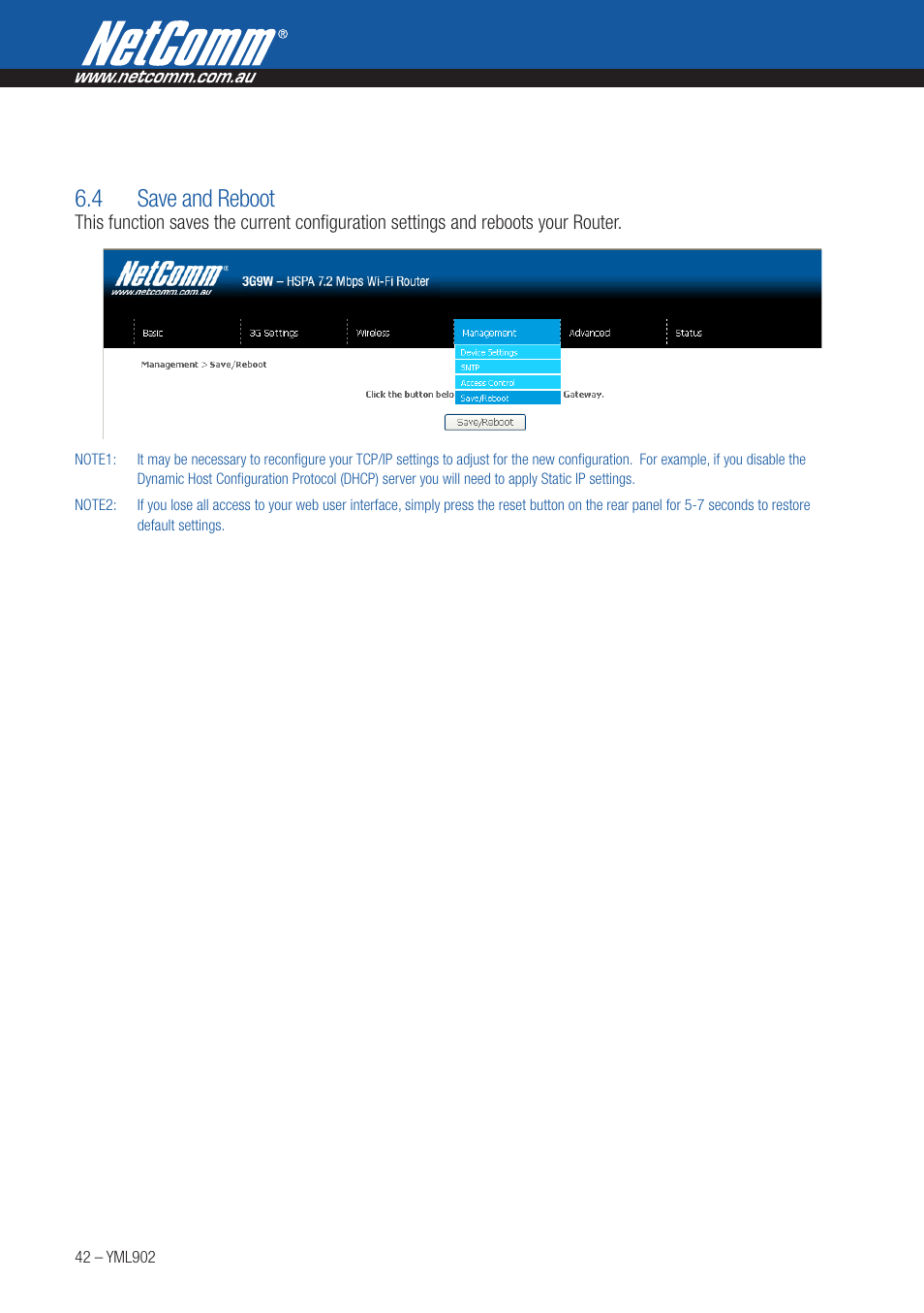 4 save and reboot | NetComm HSPA 7.2 MBPS WI-FI ROUTER 3G9W User Manual | Page 42 / 86