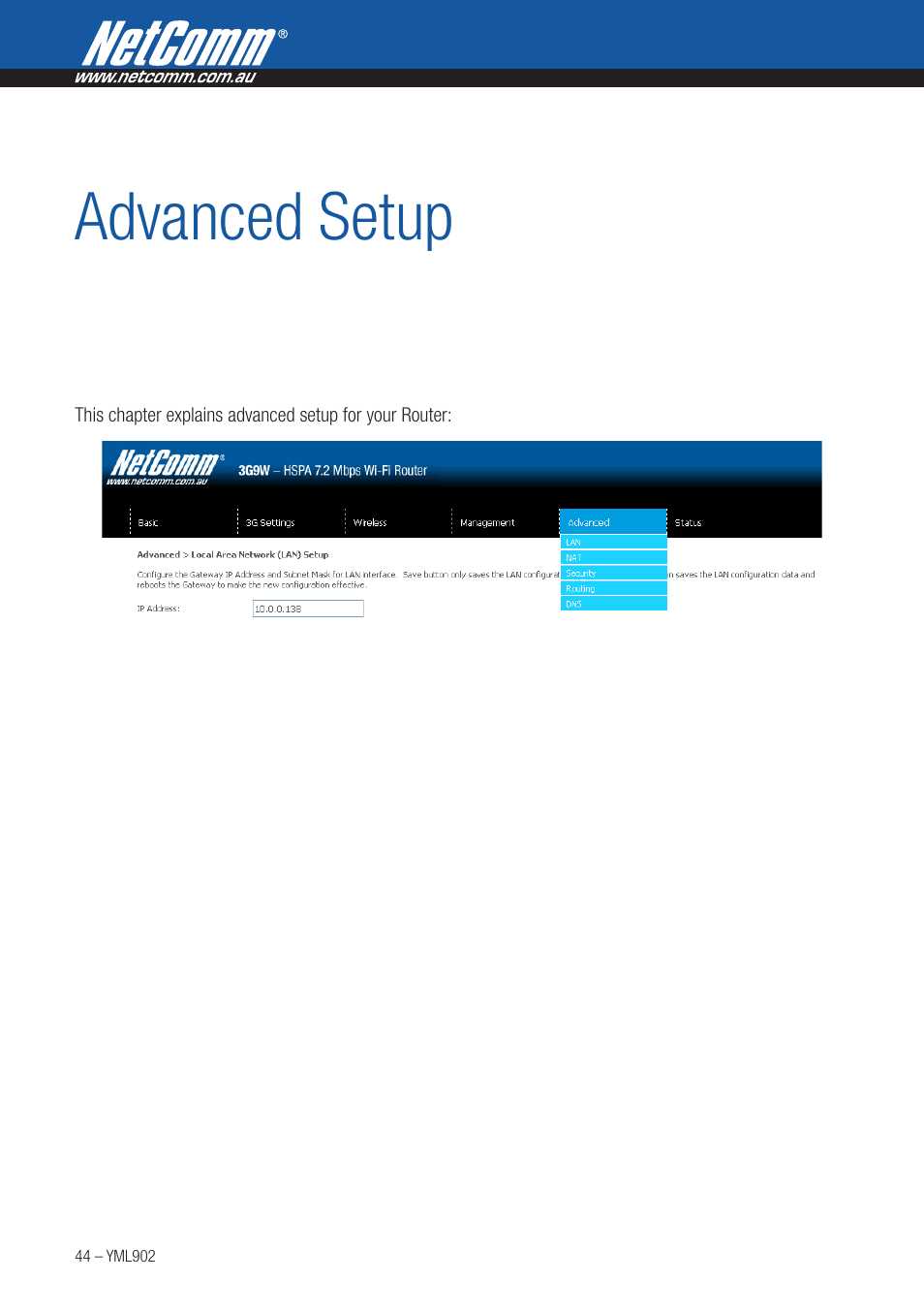 Advanced setup | NetComm HSPA 7.2 MBPS WI-FI ROUTER 3G9W User Manual | Page 44 / 86