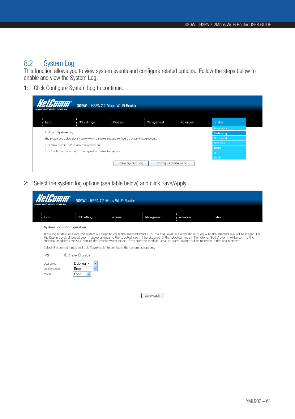 2 system log | NetComm HSPA 7.2 MBPS WI-FI ROUTER 3G9W User Manual | Page 61 / 86