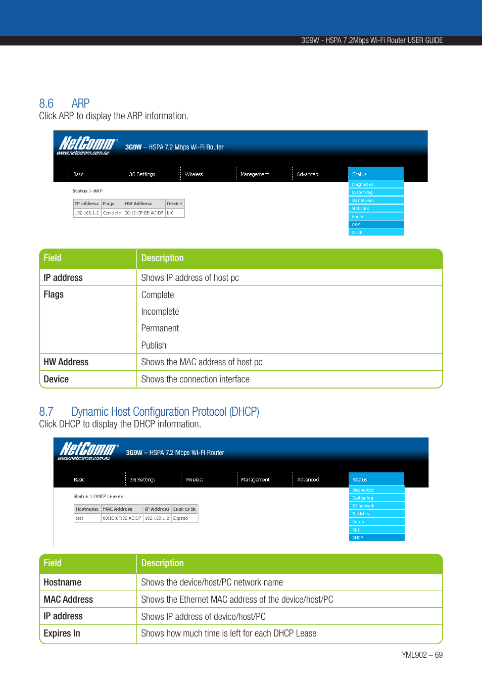 6 arp, 7 dynamic host configuration protocol (dhcp) | NetComm HSPA 7.2 MBPS WI-FI ROUTER 3G9W User Manual | Page 69 / 86