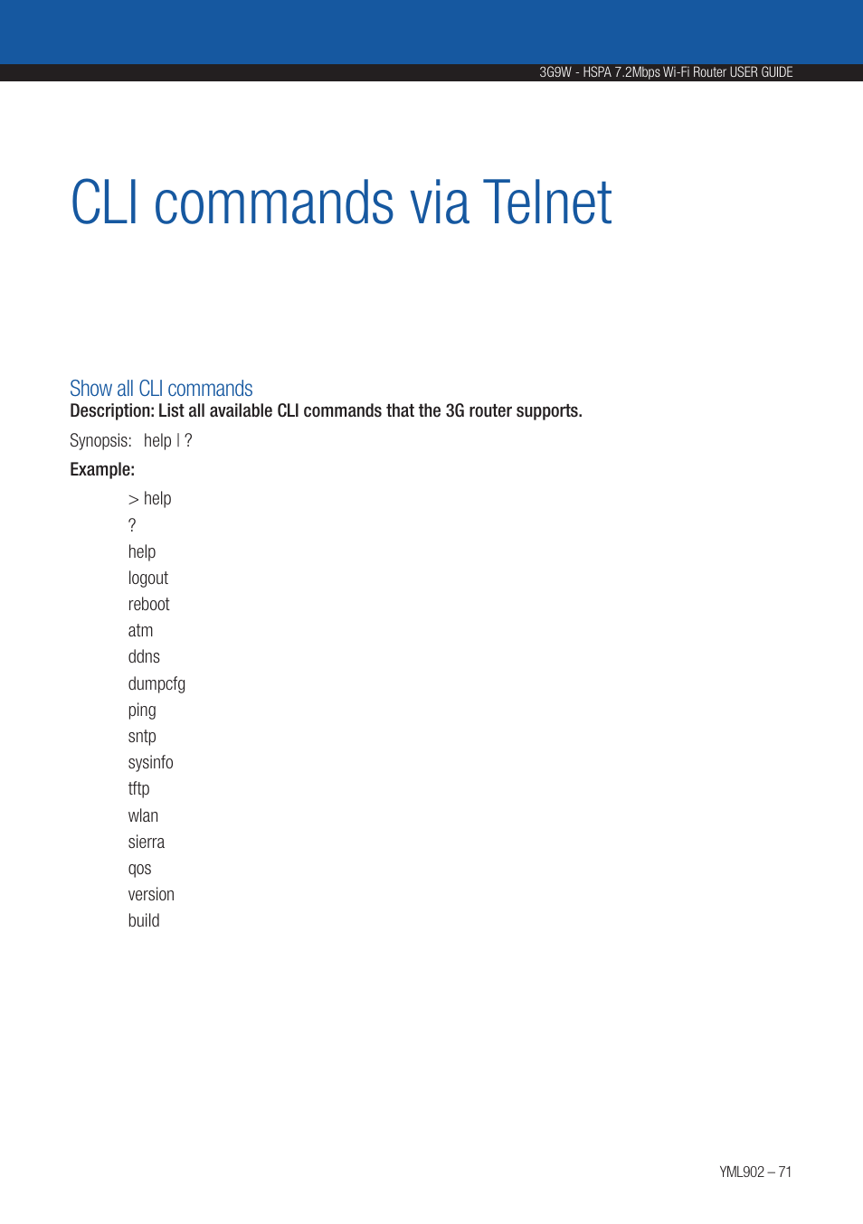 Cli commands via telnet | NetComm HSPA 7.2 MBPS WI-FI ROUTER 3G9W User Manual | Page 71 / 86