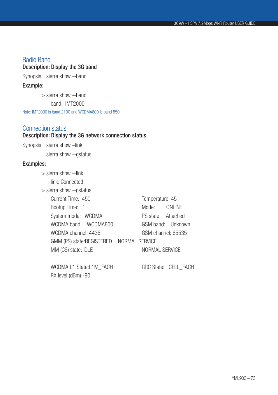 Radio band, Connection status | NetComm HSPA 7.2 MBPS WI-FI ROUTER 3G9W User Manual | Page 73 / 86