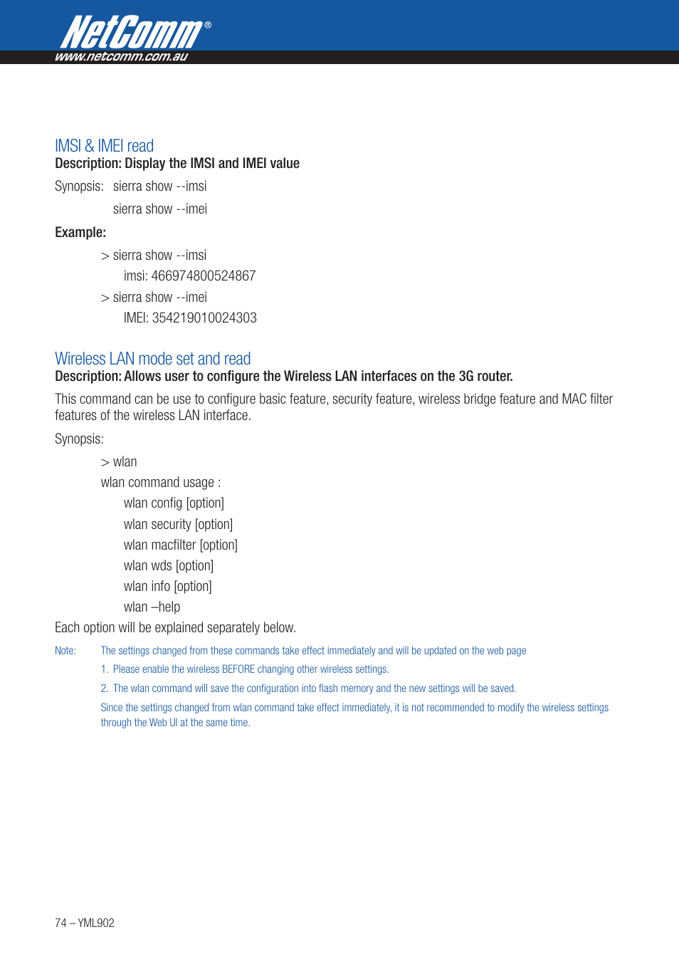Imsi & imei read, Wireless lan mode set and read | NetComm HSPA 7.2 MBPS WI-FI ROUTER 3G9W User Manual | Page 74 / 86