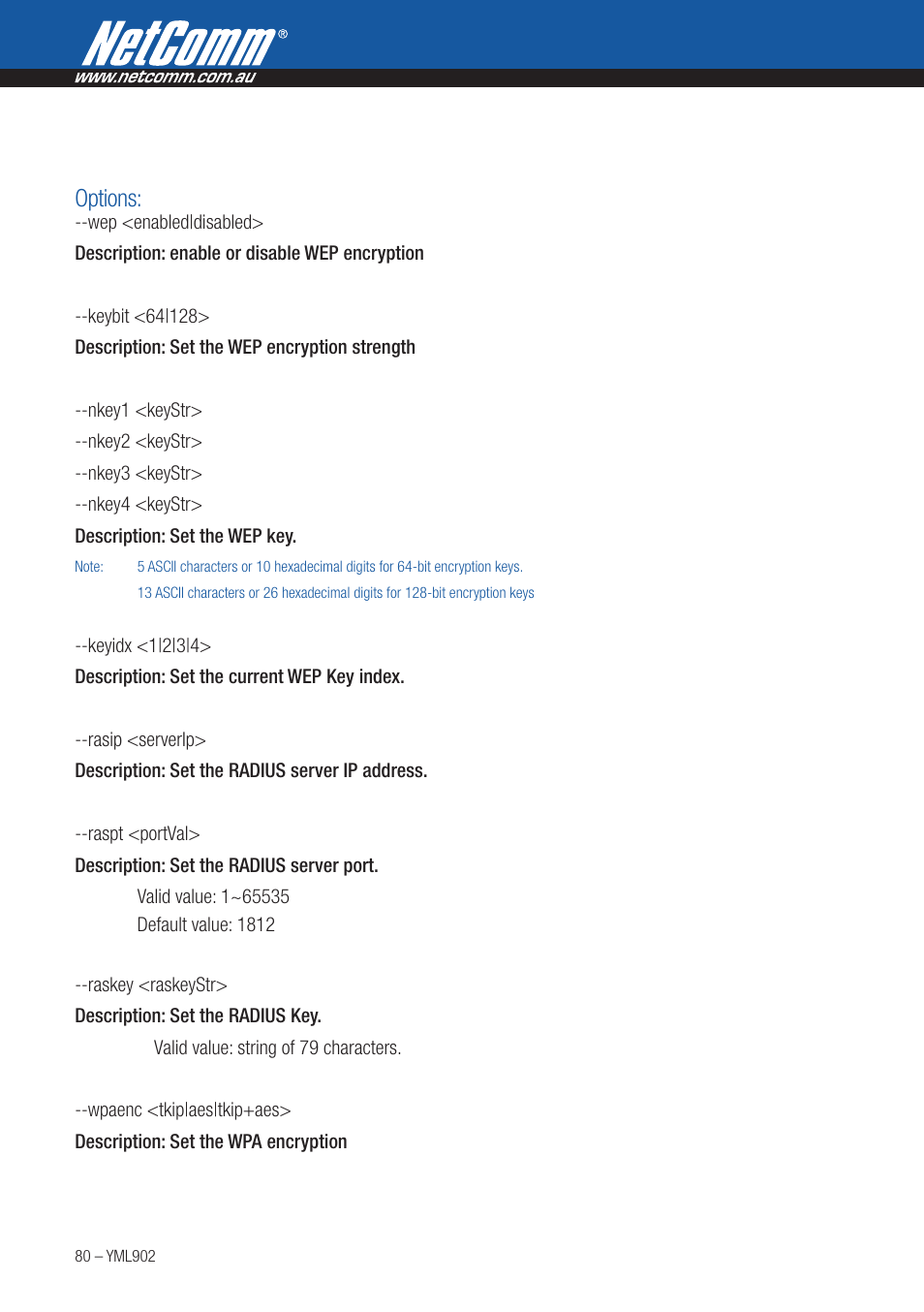 Options | NetComm HSPA 7.2 MBPS WI-FI ROUTER 3G9W User Manual | Page 80 / 86