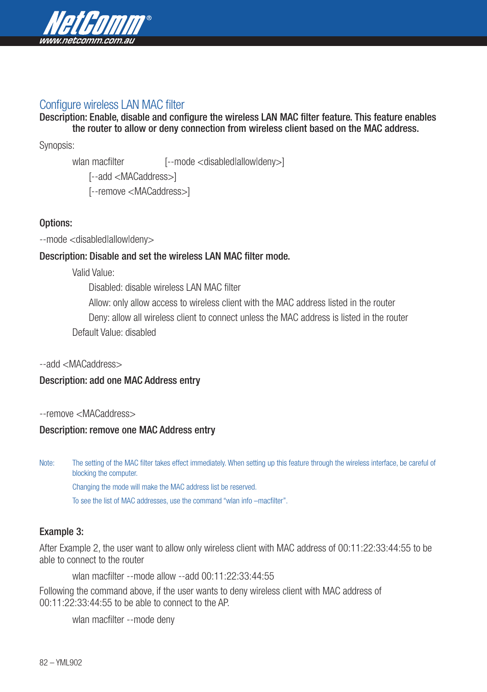 Configure wireless lan mac filter | NetComm HSPA 7.2 MBPS WI-FI ROUTER 3G9W User Manual | Page 82 / 86