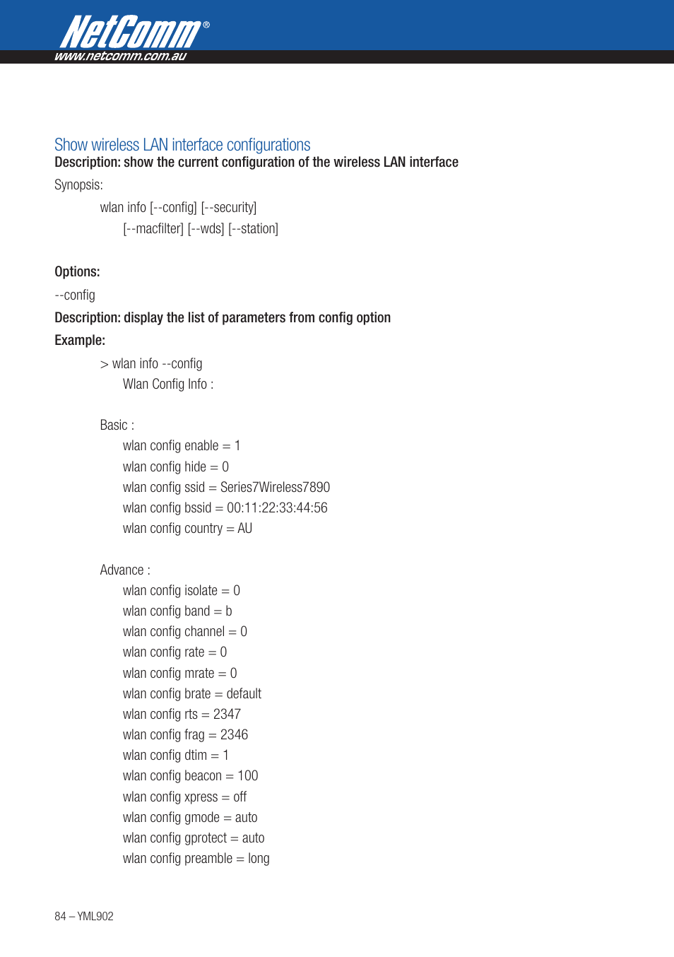 Show wireless lan interface configurations | NetComm HSPA 7.2 MBPS WI-FI ROUTER 3G9W User Manual | Page 84 / 86