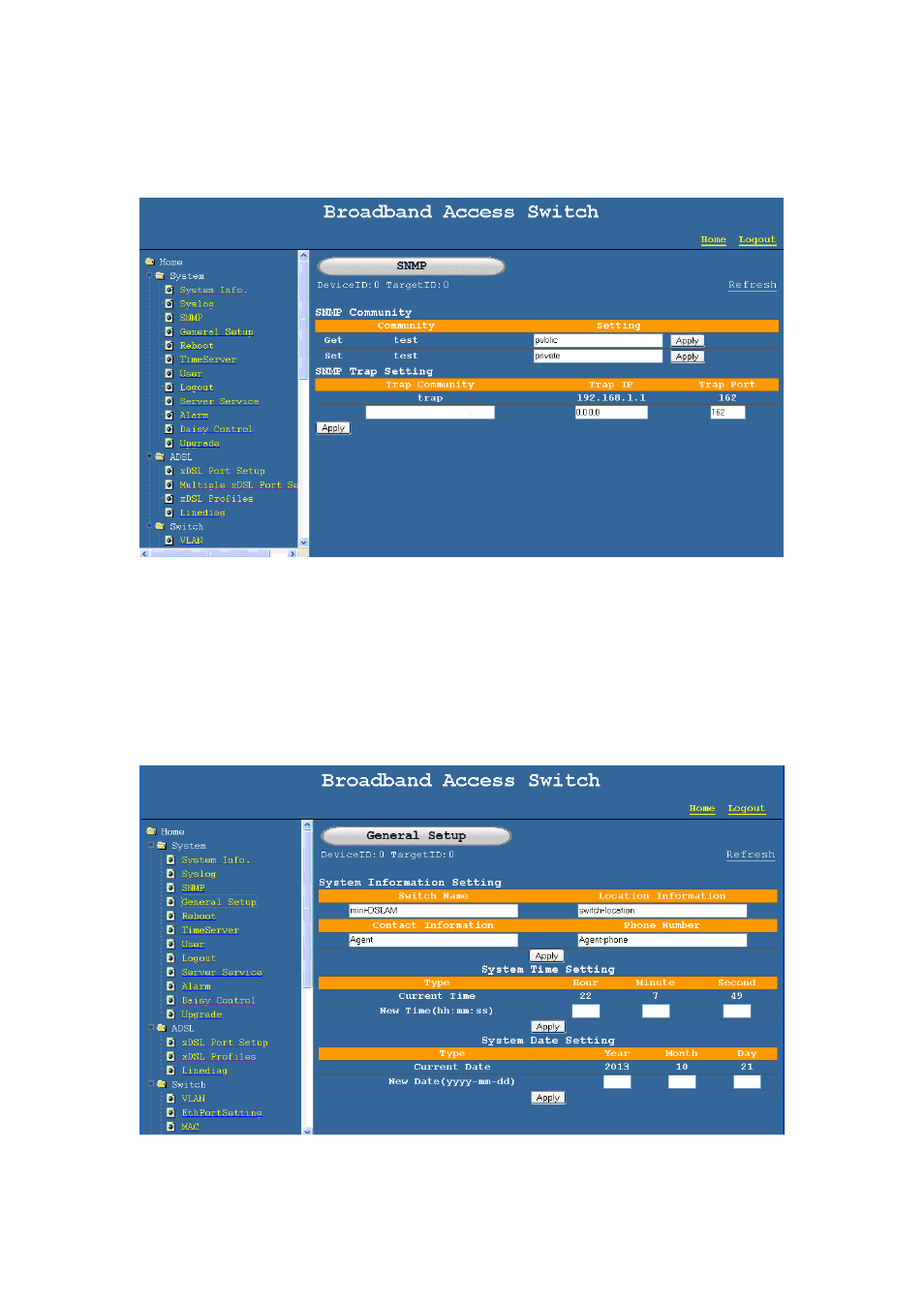 3 snmp setup, 4 general setup | NetComm IP DSLAM User Manual | Page 11 / 71