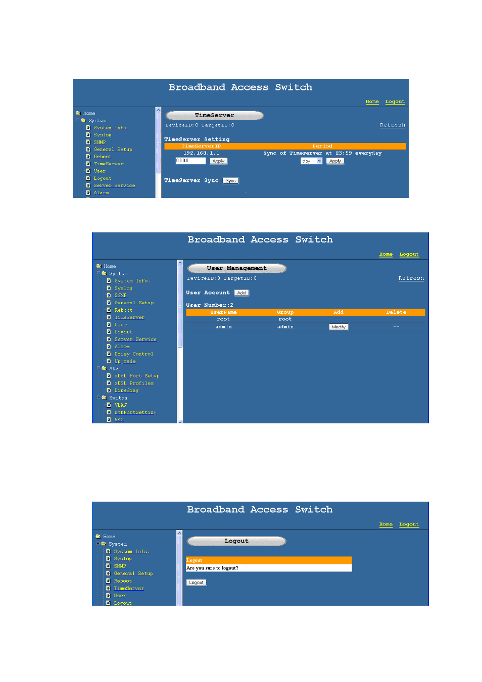 6 synchronization with time server (sntp), 7 user management, 8 log out | NetComm IP DSLAM User Manual | Page 13 / 71