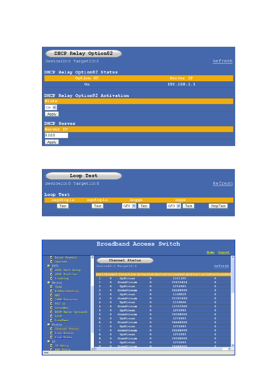 7 dhcp relay – option 82, 8 loop test, 4 status | Tatus, 1 channel status | NetComm IP DSLAM User Manual | Page 27 / 71