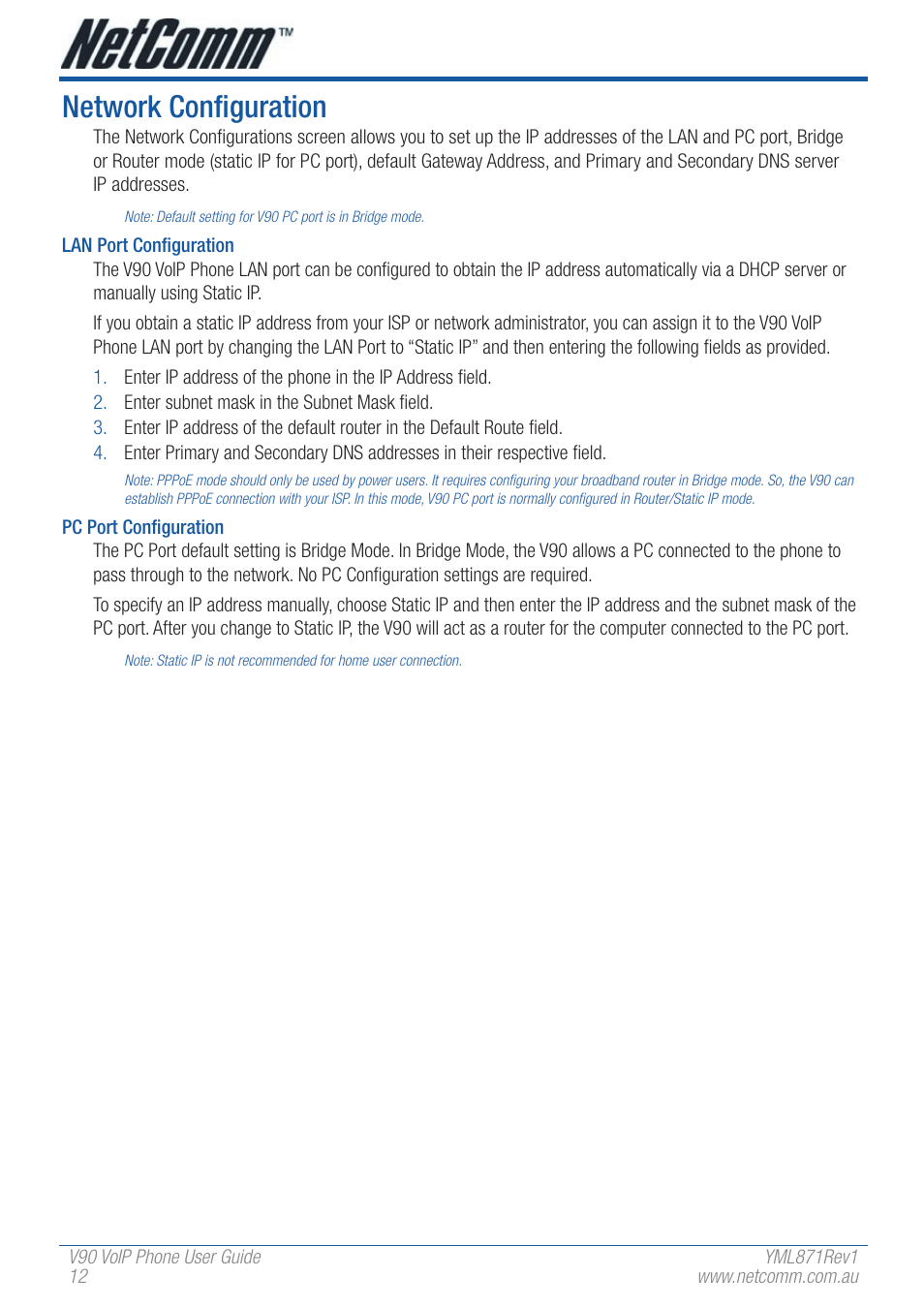Network configuration | NetComm V90 User Manual | Page 12 / 28