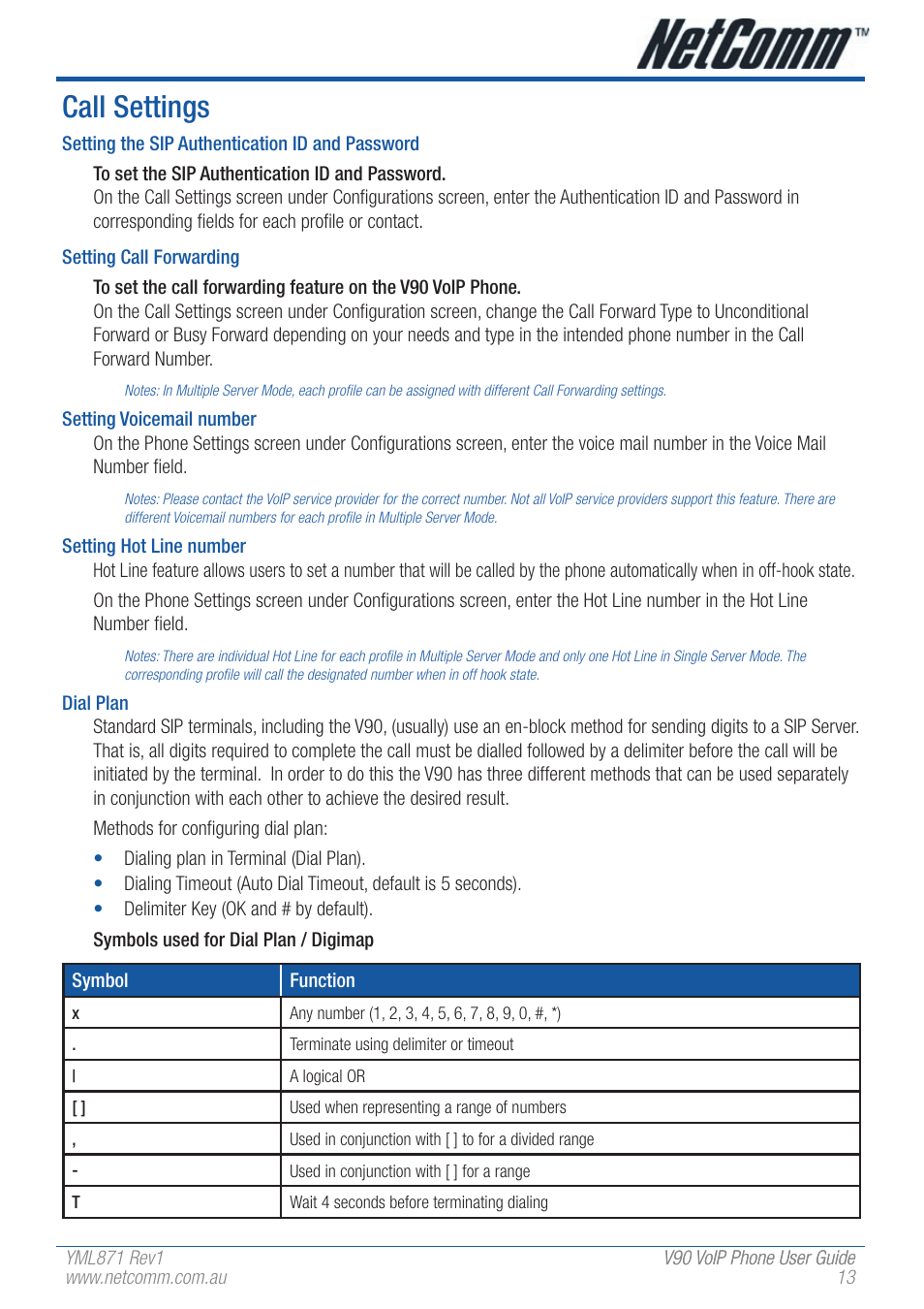 Call settings | NetComm V90 User Manual | Page 13 / 28