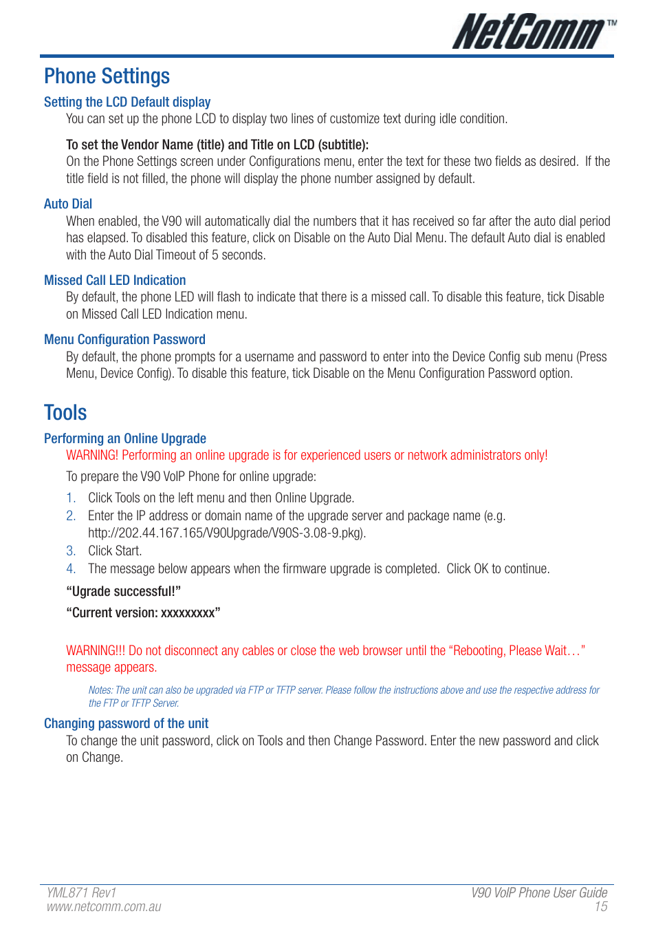 Phone settings, Tools | NetComm V90 User Manual | Page 15 / 28