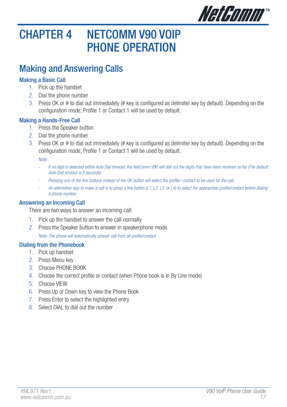 Chapter 4 netcomm v90 voip phone operation, Making and answering calls | NetComm V90 User Manual | Page 17 / 28