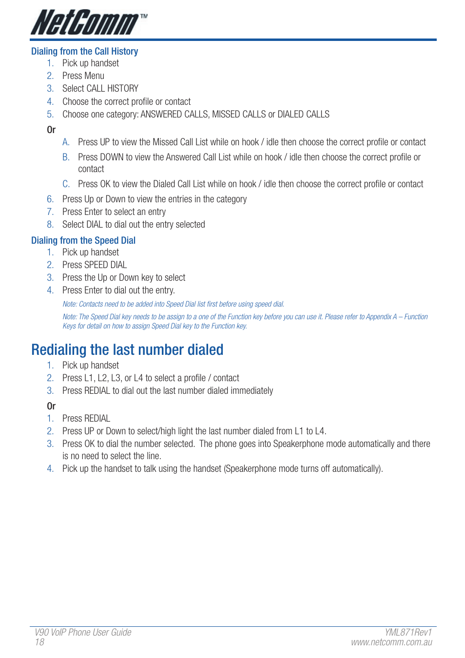Redialing the last number dialed | NetComm V90 User Manual | Page 18 / 28