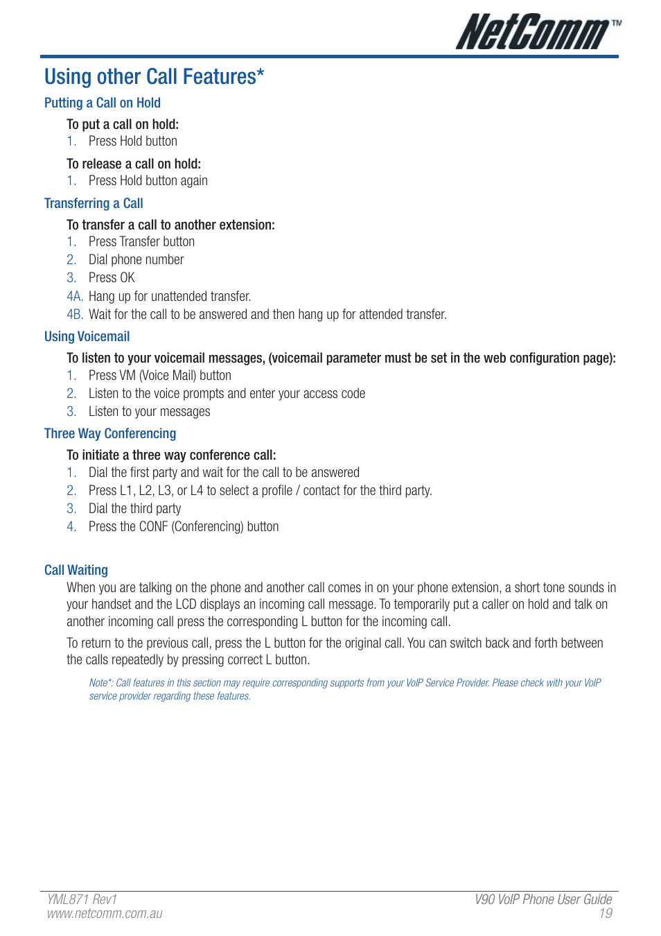 Using other call features | NetComm V90 User Manual | Page 19 / 28