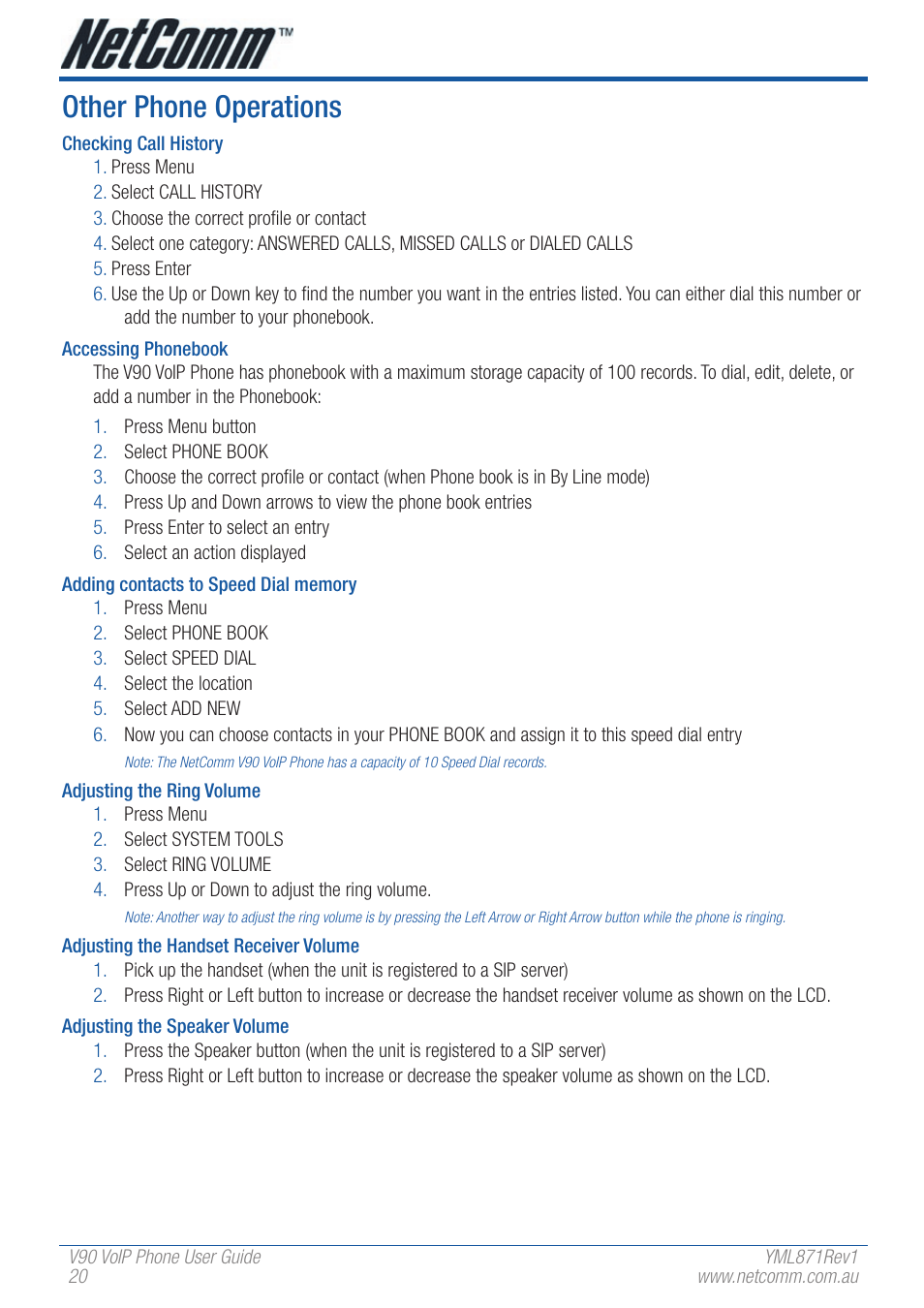 Other phone operations | NetComm V90 User Manual | Page 20 / 28