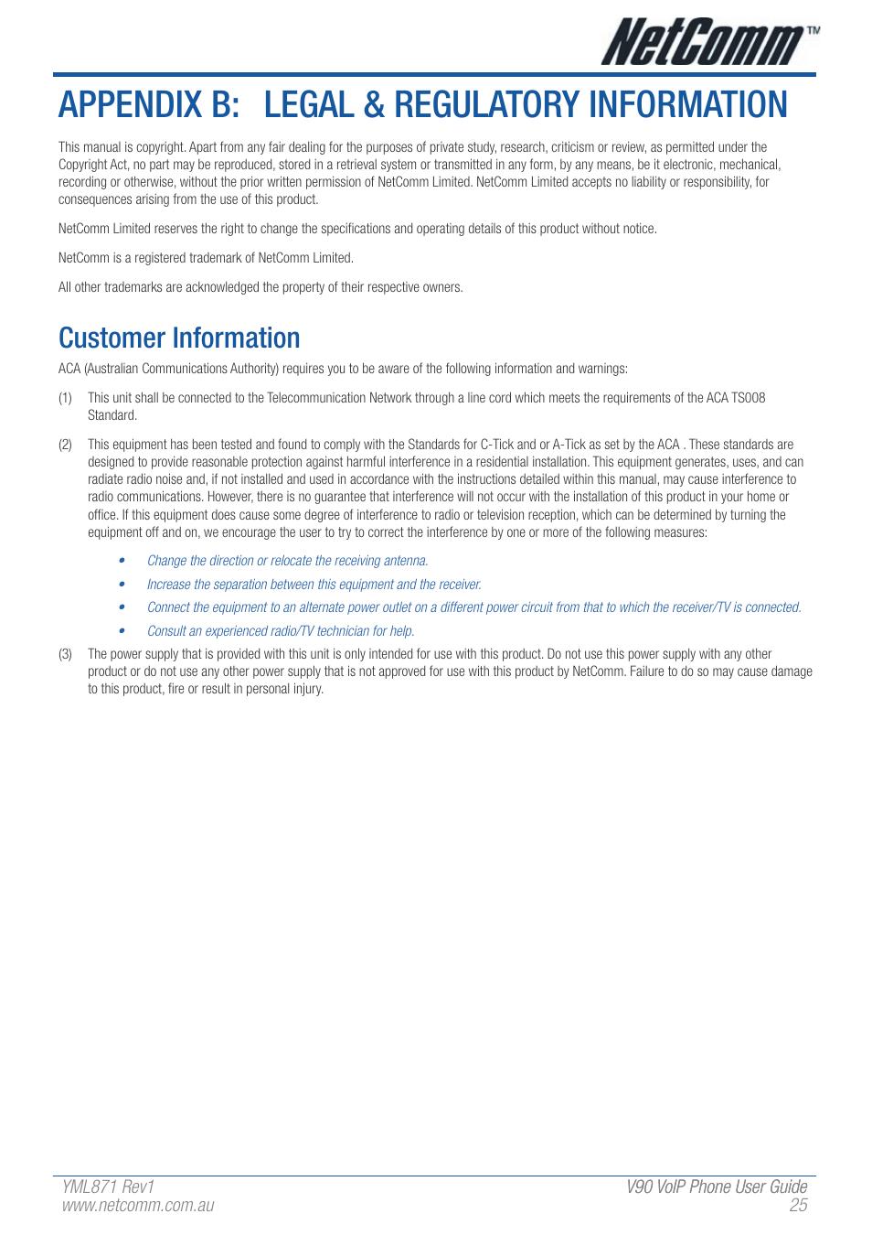 Appendix b: legal & regulatory information, Customer information | NetComm V90 User Manual | Page 25 / 28