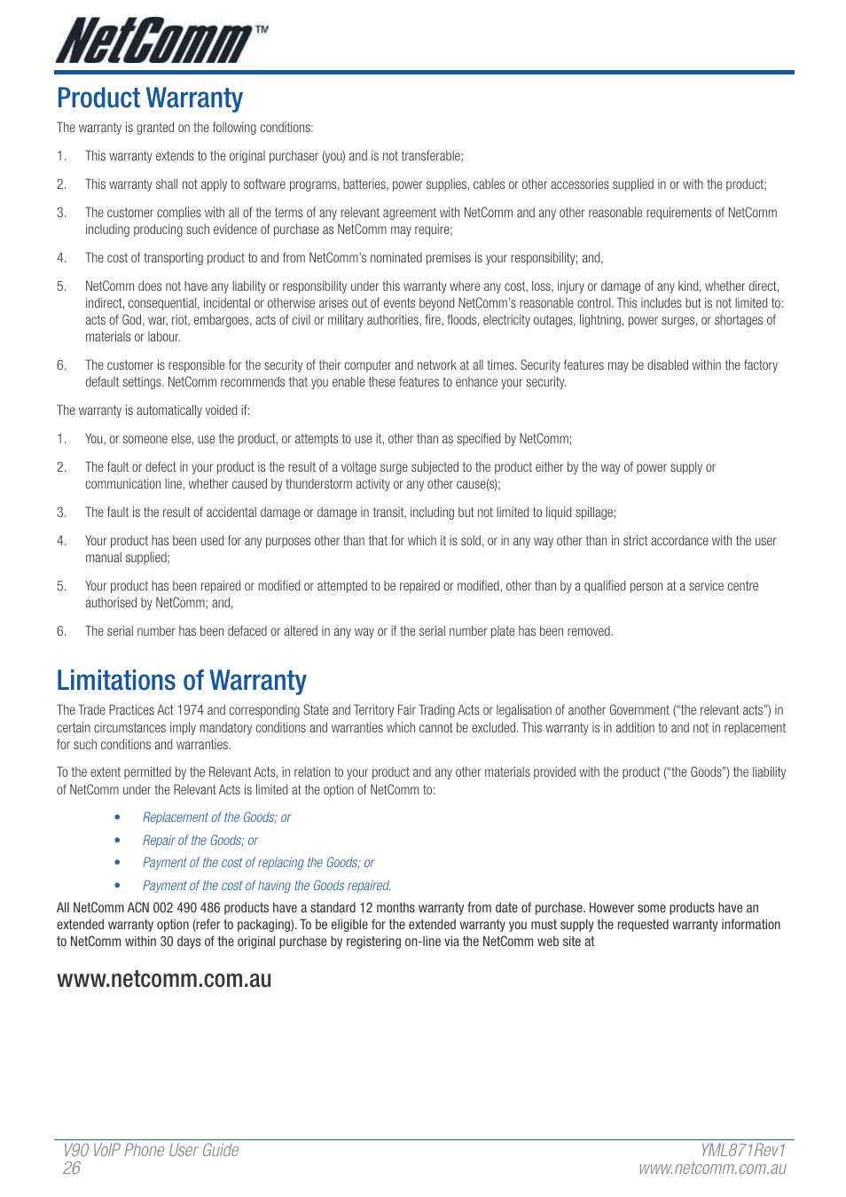 Product warranty, Limitations of warranty | NetComm V90 User Manual | Page 26 / 28