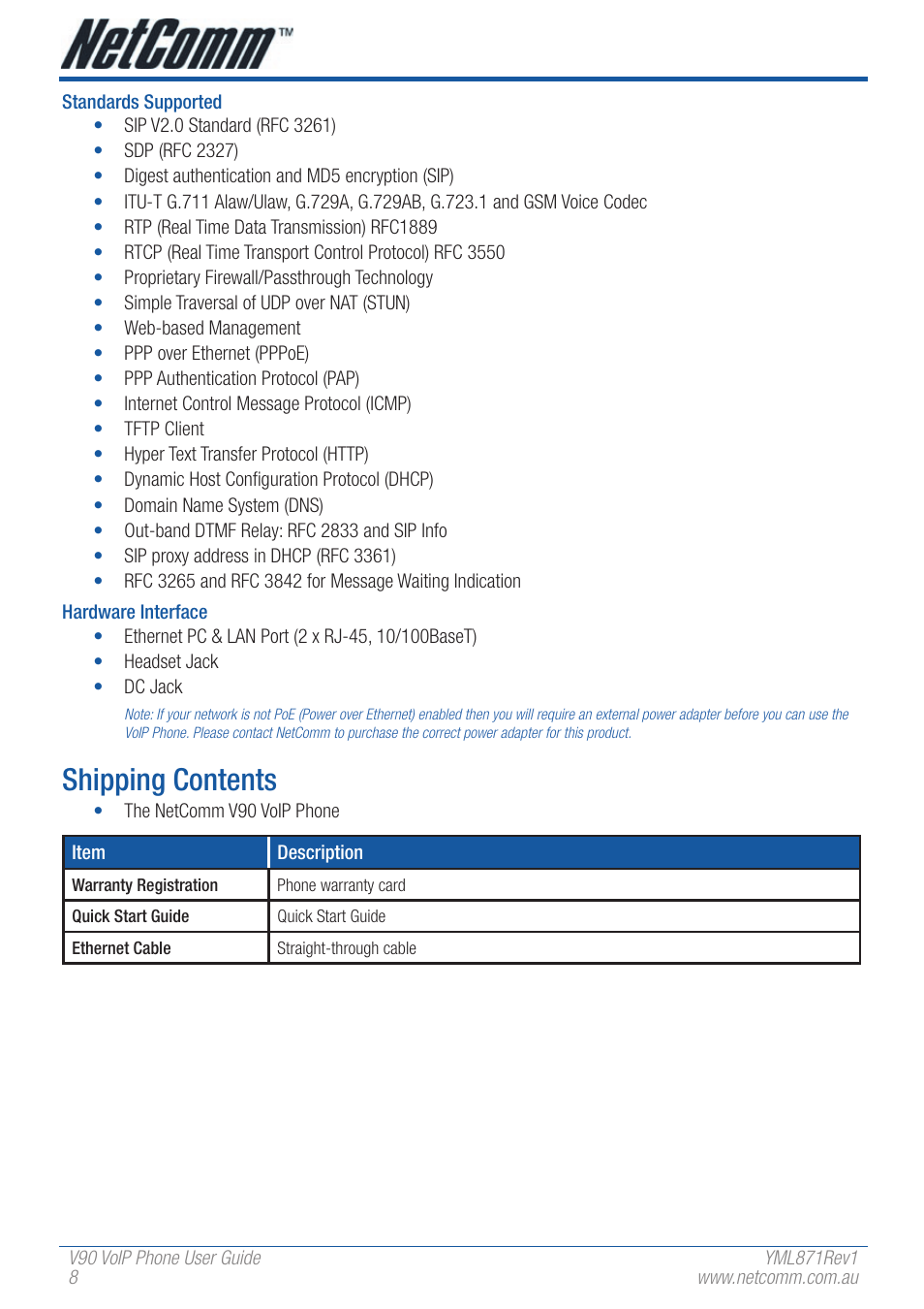 Shipping contents | NetComm V90 User Manual | Page 8 / 28