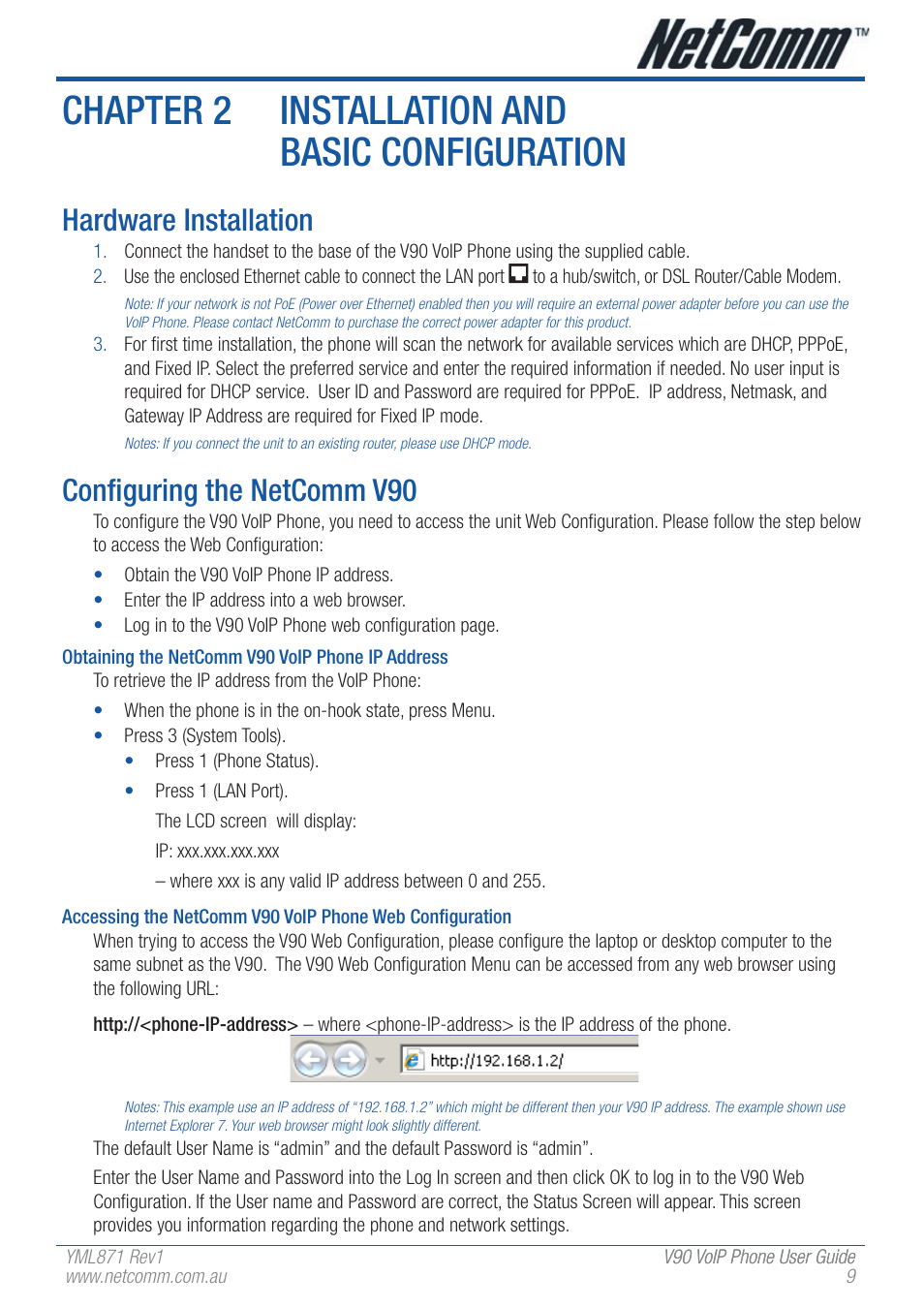 Chapter 2 installation and basic configuration, Hardware installation, Configuring the netcomm v90 | NetComm V90 User Manual | Page 9 / 28