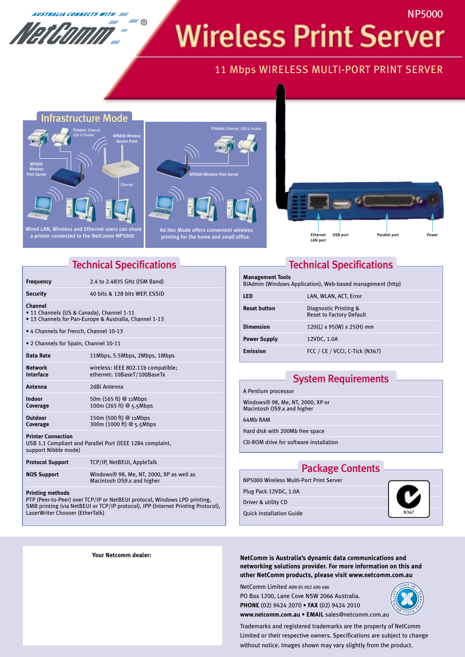 Ad hoc mode, System requirements, Package contents | Infrastructure mode | NetComm NP5000 User Manual | Page 2 / 2