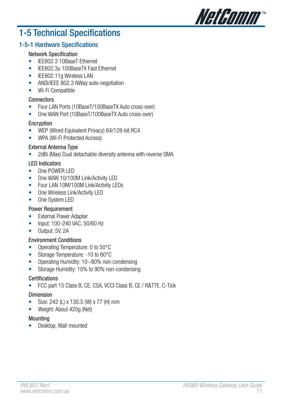 5 technical specifications | NetComm HS960 User Manual | Page 11 / 120