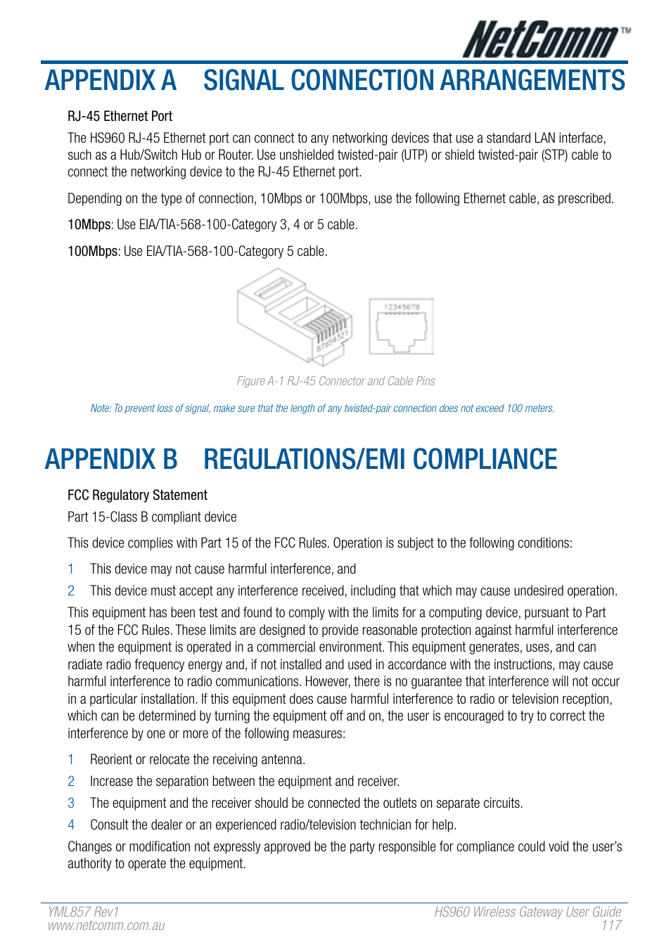 Appendix a signal connection arrangements, Appendix b regulations/emi compliance | NetComm HS960 User Manual | Page 117 / 120