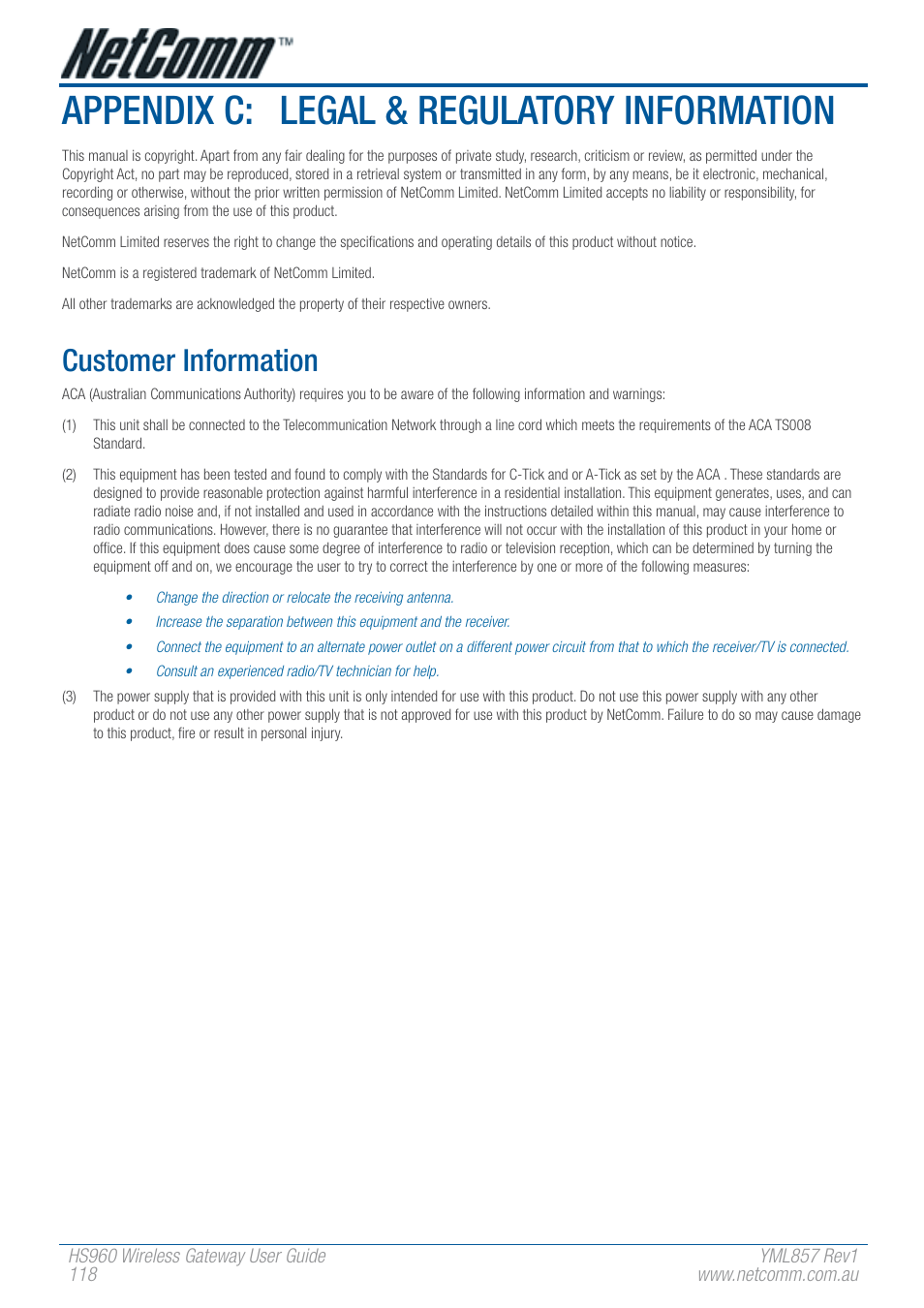 Appendix c: legal & regulatory information, Customer information | NetComm HS960 User Manual | Page 118 / 120