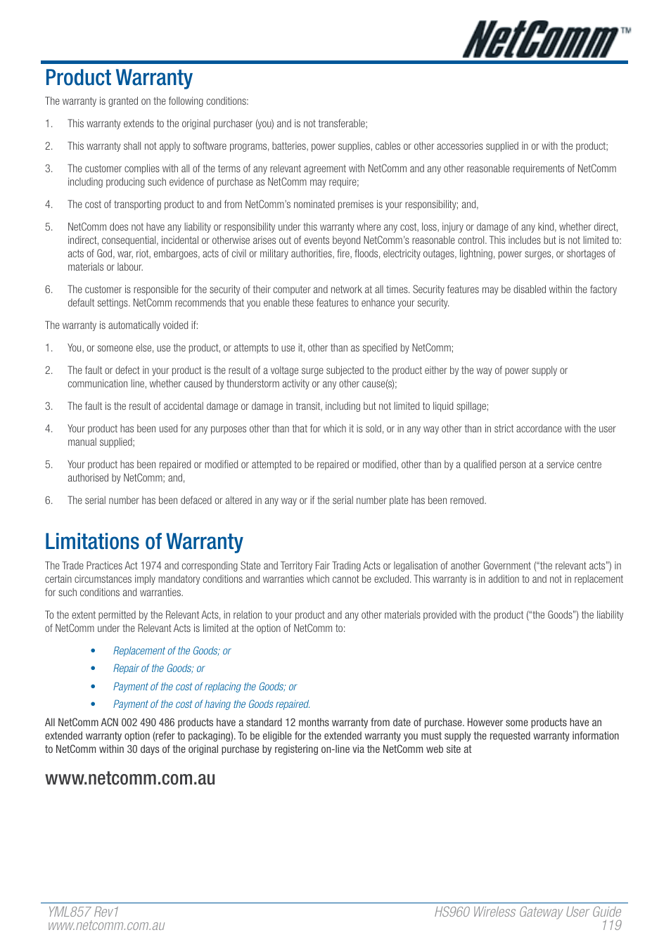 Product warranty, Limitations of warranty | NetComm HS960 User Manual | Page 119 / 120