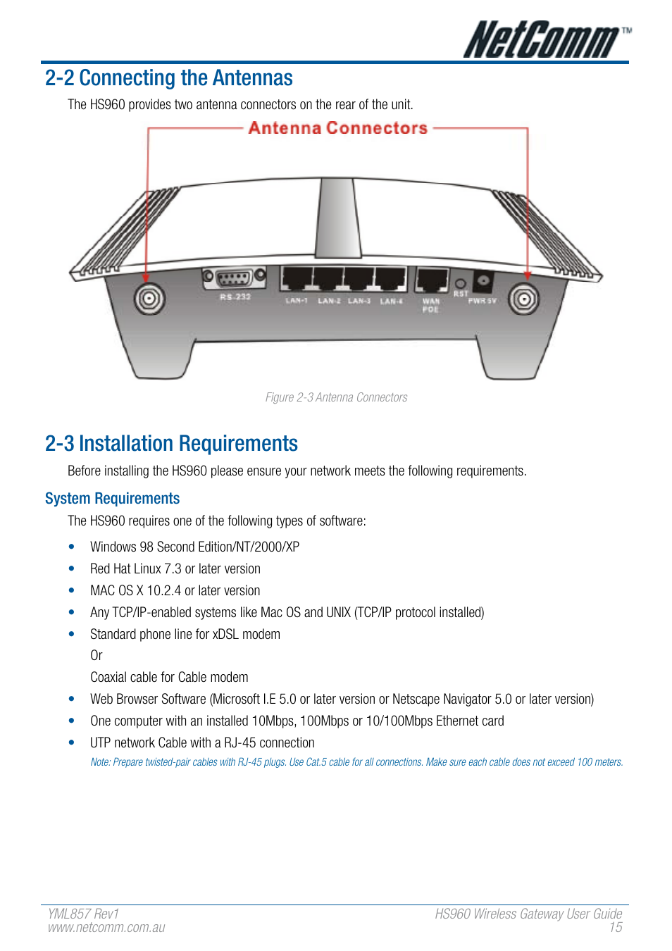 2 connecting the antennas, 3 installation requirements | NetComm HS960 User Manual | Page 15 / 120