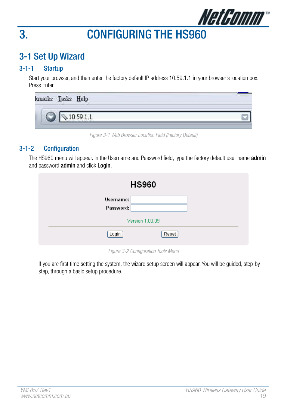 Configuring the hs960, 1 set up wizard | NetComm HS960 User Manual | Page 19 / 120