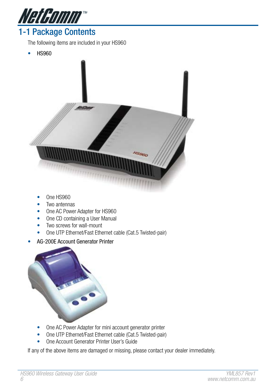 1 package contents | NetComm HS960 User Manual | Page 6 / 120